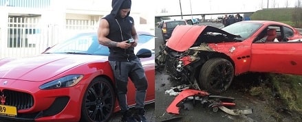 In picture, Tavi Castro along his red Maserati Gran Turismo (left) which got devastated by the car accident (right).